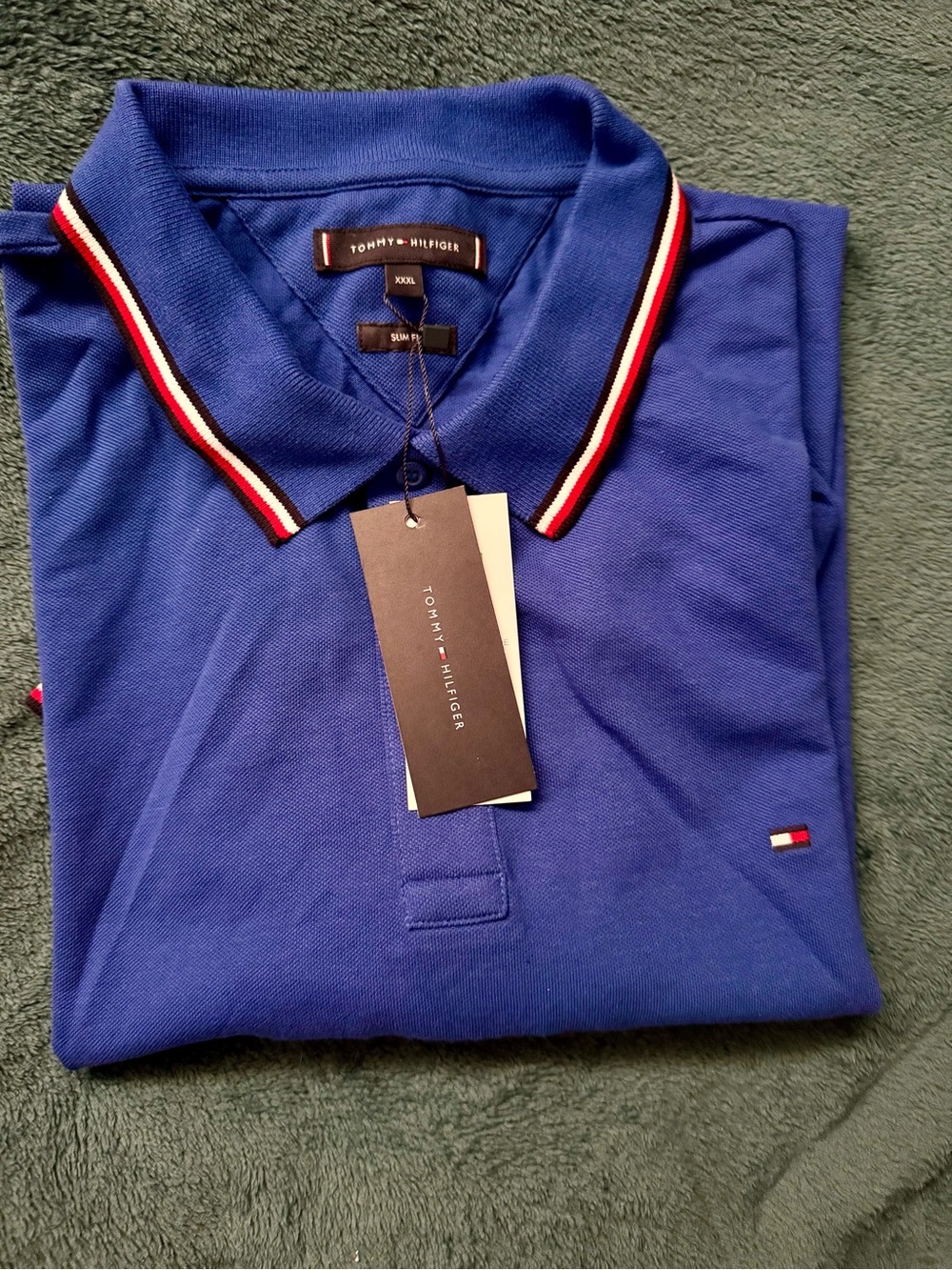 Tommy Hilfiger Cobalt Polo with Red-White-Black Collar Trim